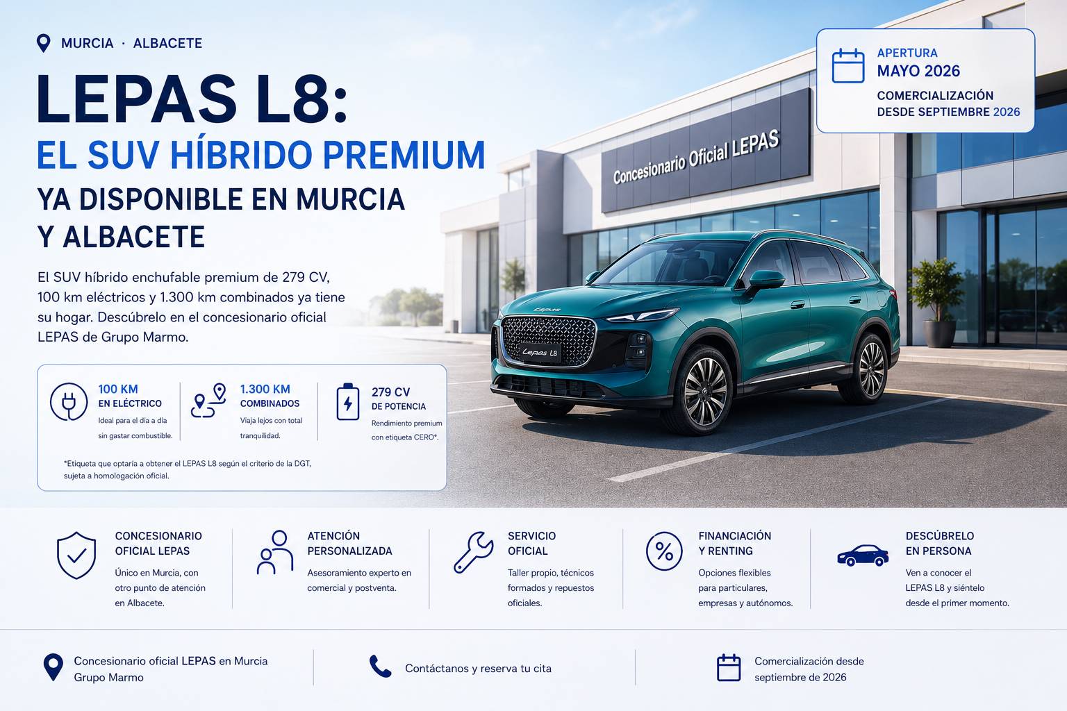 LEPAS L8 SUV híbrido premium en color verde, disponible en el concesionario oficial LEPAS de Grupo Marmo en Murcia